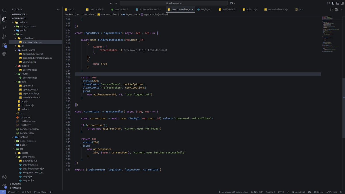 aummehta_dev's tweet image. Day 87 &amp;amp; 88 of #100DaysOfCode
Built the UI for my admin panel and added the main logic.
Also created user controllers — login, register, logout, and role-based login/logout.
#backend #NodeJS #FullStackDeveloper