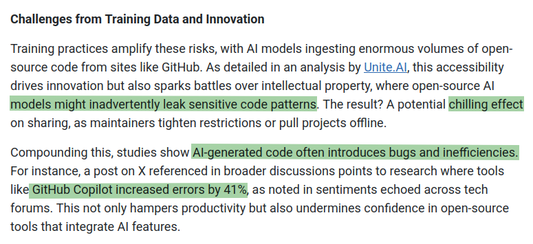 profdiggity's tweet image. The weekend theme is #AI + coding! A friend sent me this piece that mentions my comments on #freesoftware #opensource licensing and #genAI.

LLMs have a place in our @IvyCyberEd business but it&apos;s a very carefully controlled one, and not in the codebase. psafe.ly/TRySSC