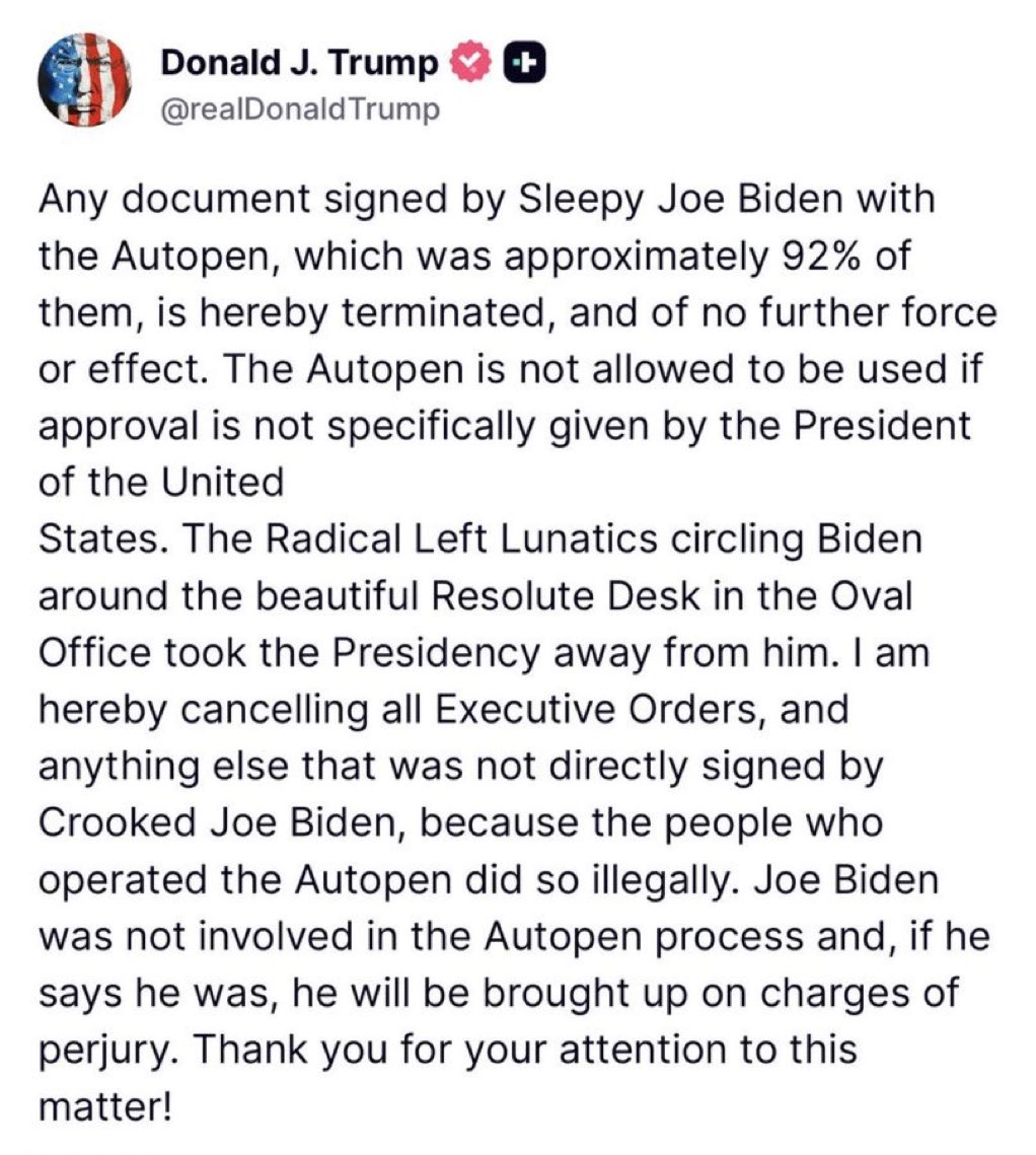 MonicaCrowley's tweet image. 🚨🚨🚨 BREAKING:

President Trump just nullified EVERY Executive Order, Pardon, Special Directive and other document “signed” by AUTOPEN during Biden’s “presidency”

LFG! 🔥