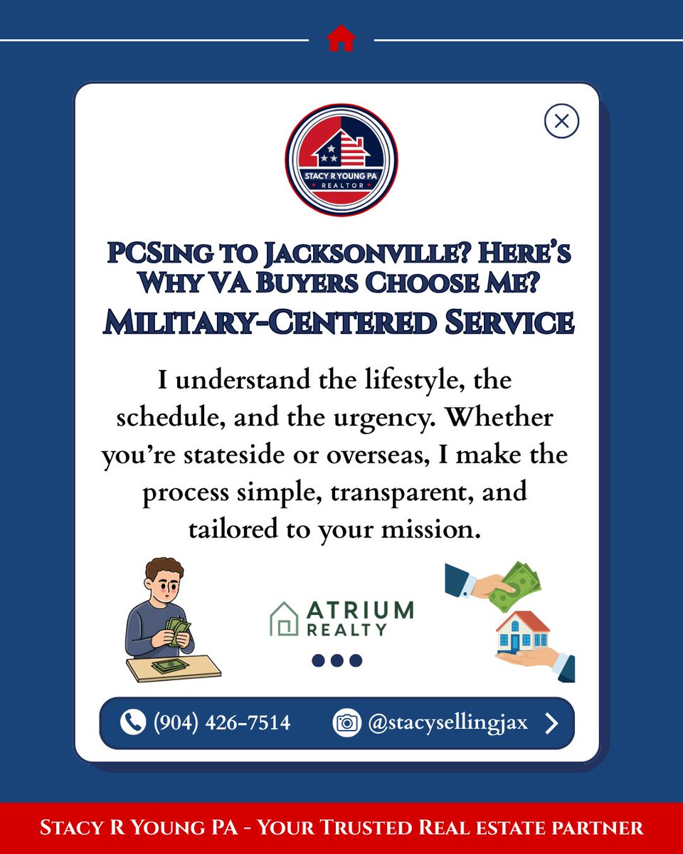 ADTV_Host's tweet image. PCS’ing to Jacksonville? 
I specialize in helping VA buyers &amp;amp; military families relocate with a simple, stress-free, mission-focused process. Whether you’re stateside or overseas, I’ve got you covered.

#PCSing #MilitaryRealtor #atriumrealty #jacksonville  #veteransunitedrealty