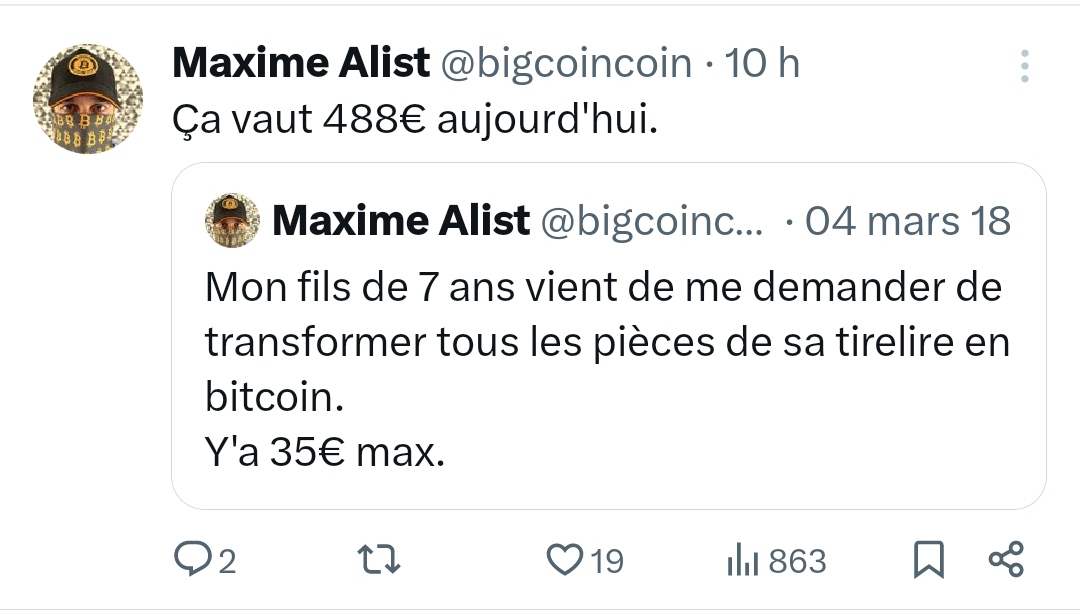 1000€ de Bitcoin aujourd'hui ça vaudra combien dans 10 ans ? 🤔

Je ne sais pas, mais ce dont je suis quasi sûr c'est que ces 1000€ auront plus de valeur si je les investis dans BTC plutôt que de les conserver en euros 💶

La monnaie est un outil pour conserver la valeur de