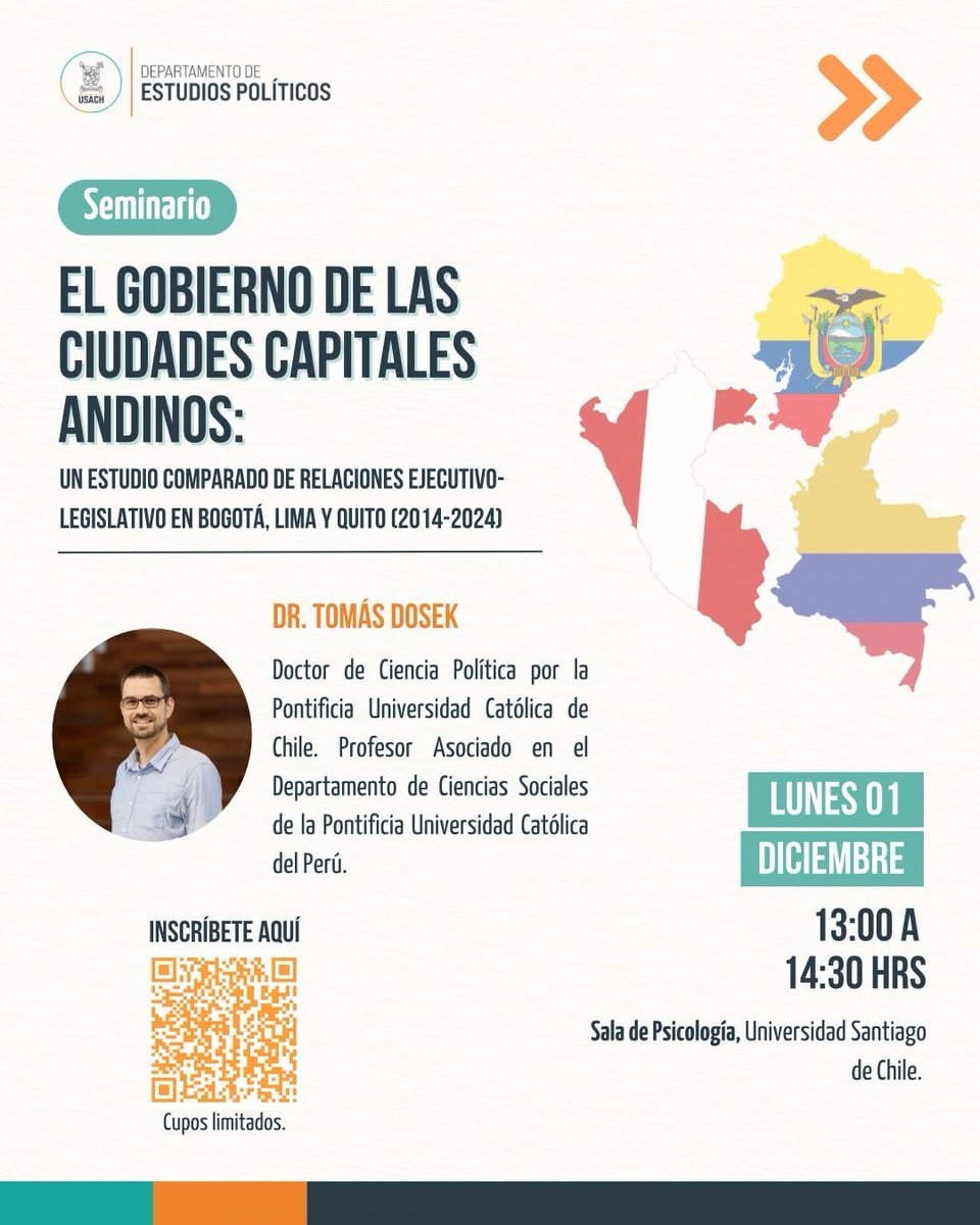 👇🏽👇🏽Este lunes en el <a href="/Dep_usach/">Departamento de Estudios Políticos</a> presentando el proyecto sobre gobierno de las ciudades capitales andinas🇨🇴🇪🇨🇵🇪!!

Gracias a #MartínOrdóñez por la invitación y la organización!!🙏🏽

<a href="/redsubnacional/">REPSAL</a> <a href="/ACCP/">ACCP</a>