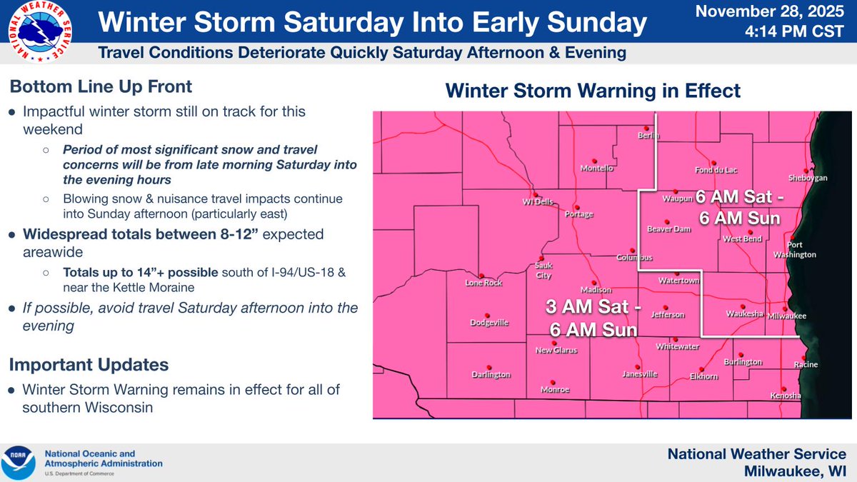 NWSMilwaukee's tweet photo. Significant winter storm remains on track Sat through Sat night. Winter Storm Warning remains in effect. Snow forecasts have trended up, with 8-12" expected areawide. Higher totals to 14" are possible south of I-94 &amp; US-18, in addition to in east-central and far southeast WI. https://t.co/VB2mLdpxL7