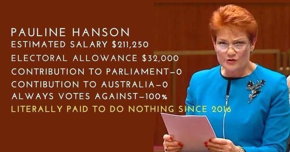 Hanson absconded from two weeks senate sittings as to kiss Reinhardt and Trumps arse!