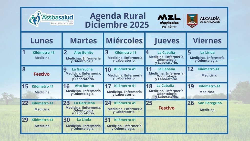 Agenda rural Diciembre de 2025

El área rural es importante, compartimos agenda de Diciembre de 2025 del equipo médico en Centros de Salud Kilómetro 41, La Garrucha, La Linda, La Cabaña, San Peregrino y Alto bonito.

Assbasalud ESE, una entidad al servicio de la comunidad.