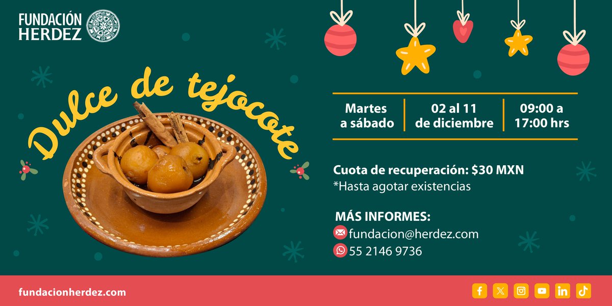 No te pierdas nuestra deliciosa degustación, de temporada:
Dulce de tejocote
Martes a sábado
del 02 al 11 de diciembre
Cuota de recuperación $30mxn
a partir de las 09:00h, hasta agotar existencias
¡Te esperamos!