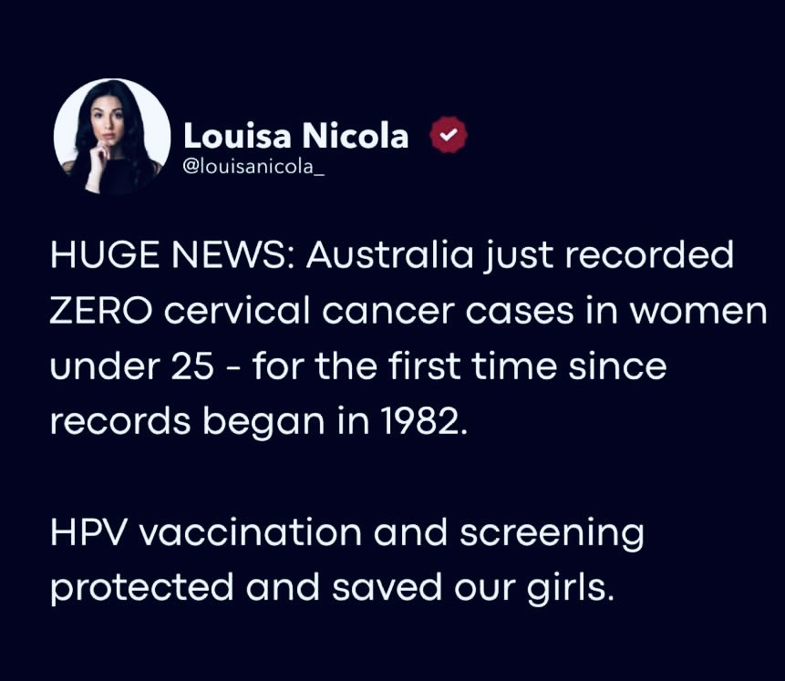 dokhollidays's tweet image. Das ist so cool:

‼️Australien verzeichnet jetzt
NULL Fälle von Gebärmutterhals Krebs bei Frauen unter 25!

‼️Es ist das erste Mal seit dem Beginn der Dokumentation 1982.

‼️Die HPV Impfung und die Vorsorge schützte und rettete unsere Mädchen!

Ps: Schaut die grüne Linie in der…