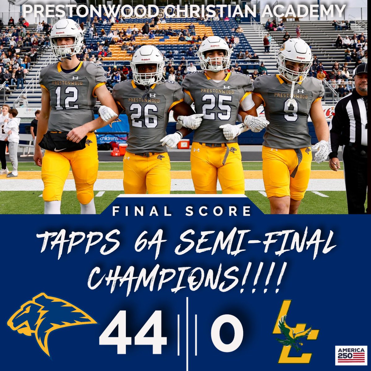 LIONS WIN!!!!! 

Congratulations to your 2025 PCA Football team for their victory against Legacy Christian tonight to earn the TAPPS 6A Semi-Final Championship title!!! 🏈 🦁 

Tune in for our special postgame show!!! youtube.com/@PrestonwoodCh… 

Off to State!!

GO LIONS!!!