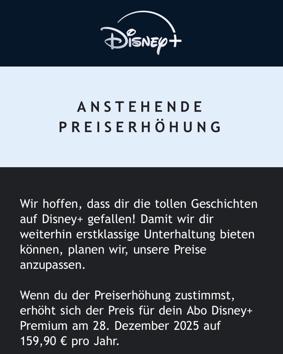 Was zur HÖLLE disney?!
160€ ??
Letztes jahr von 90€ auf 140€ + „überspringbarer“ Werbung war schon unverschämt
Das ist es mir nicht mehr wert