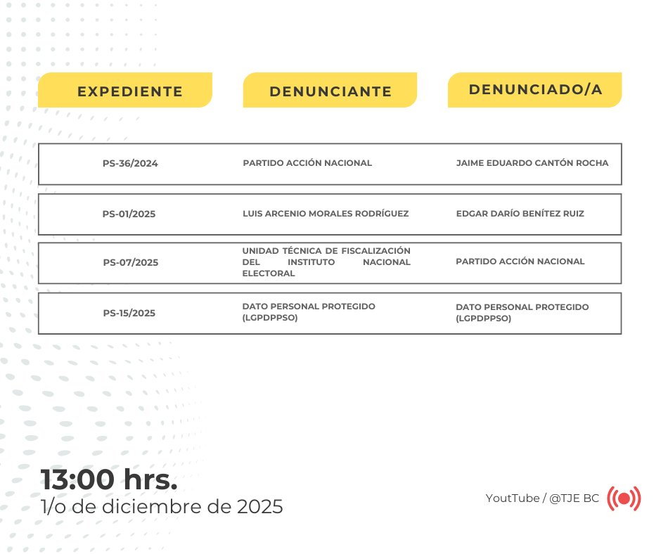 TJE_BC's tweet photo. #Aviso Este 1 de diciembre, a partir de las 13:00 horas, el Pleno del #TJEBC celebrará su Vigésima tercera sesión de resolución.

Sigue la emisión desde nuestras plataformas digitales:
https://t.co/oWpOouDi16
https://t.co/nePUWLZnm4 
#TrabajamosParaTi https://t.co/4n2TJGXDoR