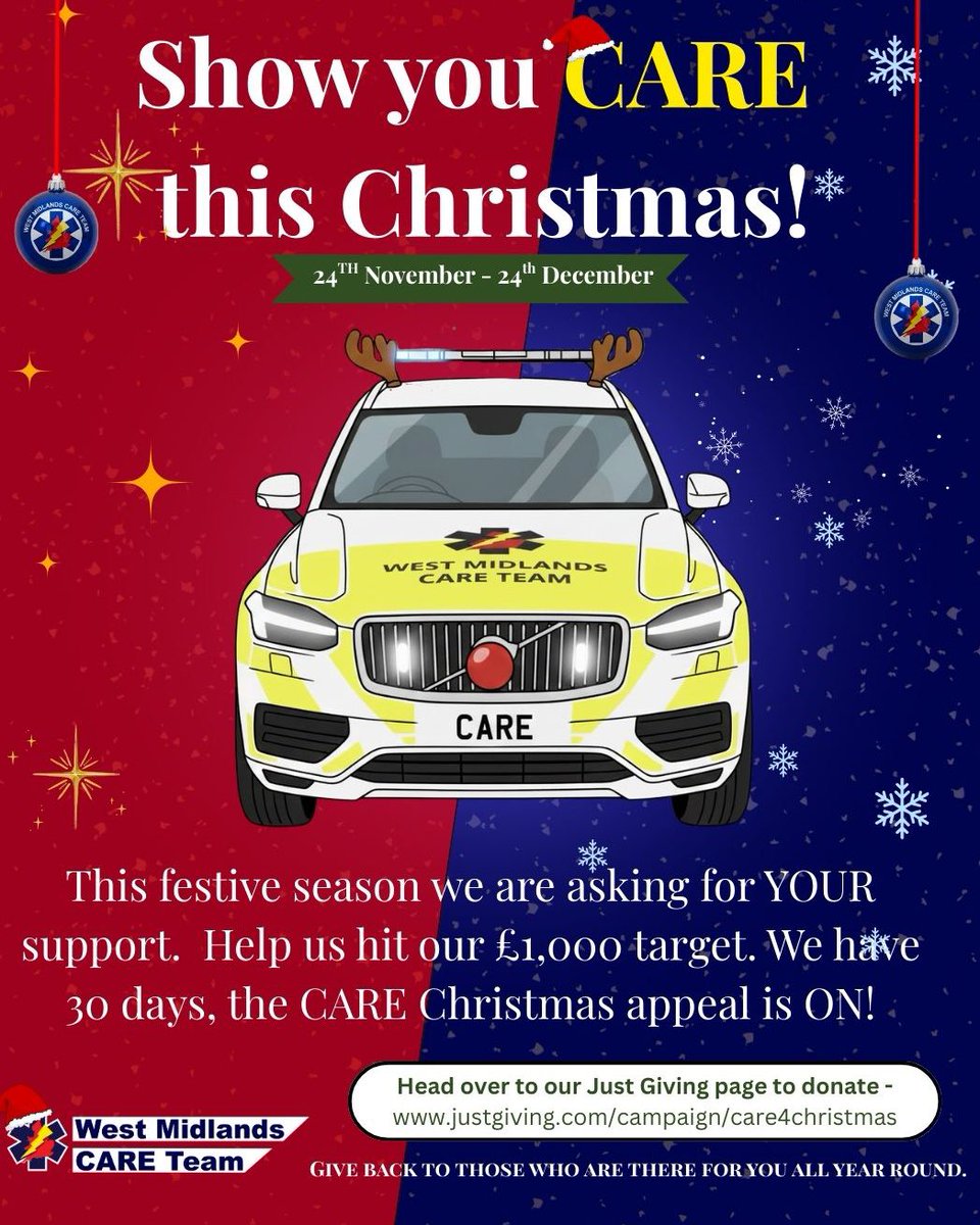 Show you CARE this Christmas 🎅🏻 

Our festive fundraiser is LIVE — £1,000 in 30 days to support our volunteer clinicians who deliver enhanced Critical CARE across the West Midlands.

🔗 Donate: justgiving.com/campaign/care4…
