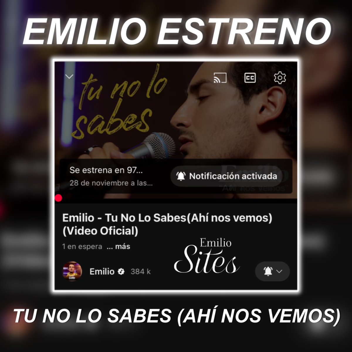¡Estamos de estreno! “Tu no lo sabes” una canción de cumbia regional mexicana.

— En ella #Emilio plasma una letra que habla sobre el desamor y los sentimientos que surgen cuando una relación no es correspondida. 

🗓️: HOY 28/11/25
⏰: 6:00 P.M (MX)
🔔: youtu.be/H5aewnKmhZI?si…