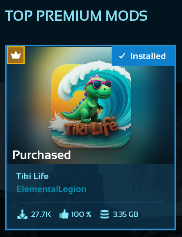 ElementalLegion's tweet photo. Tiki Life dominates the top premium mods with 100% positive reviews and approaching 30k downloads! With hundreds of assets to choose from for only $5 its an easy choice! Get your #tiki on! 🏝️

#tikilife #survivetheark @survivetheark #arkmods #ark https://t.co/di953zlw9V
