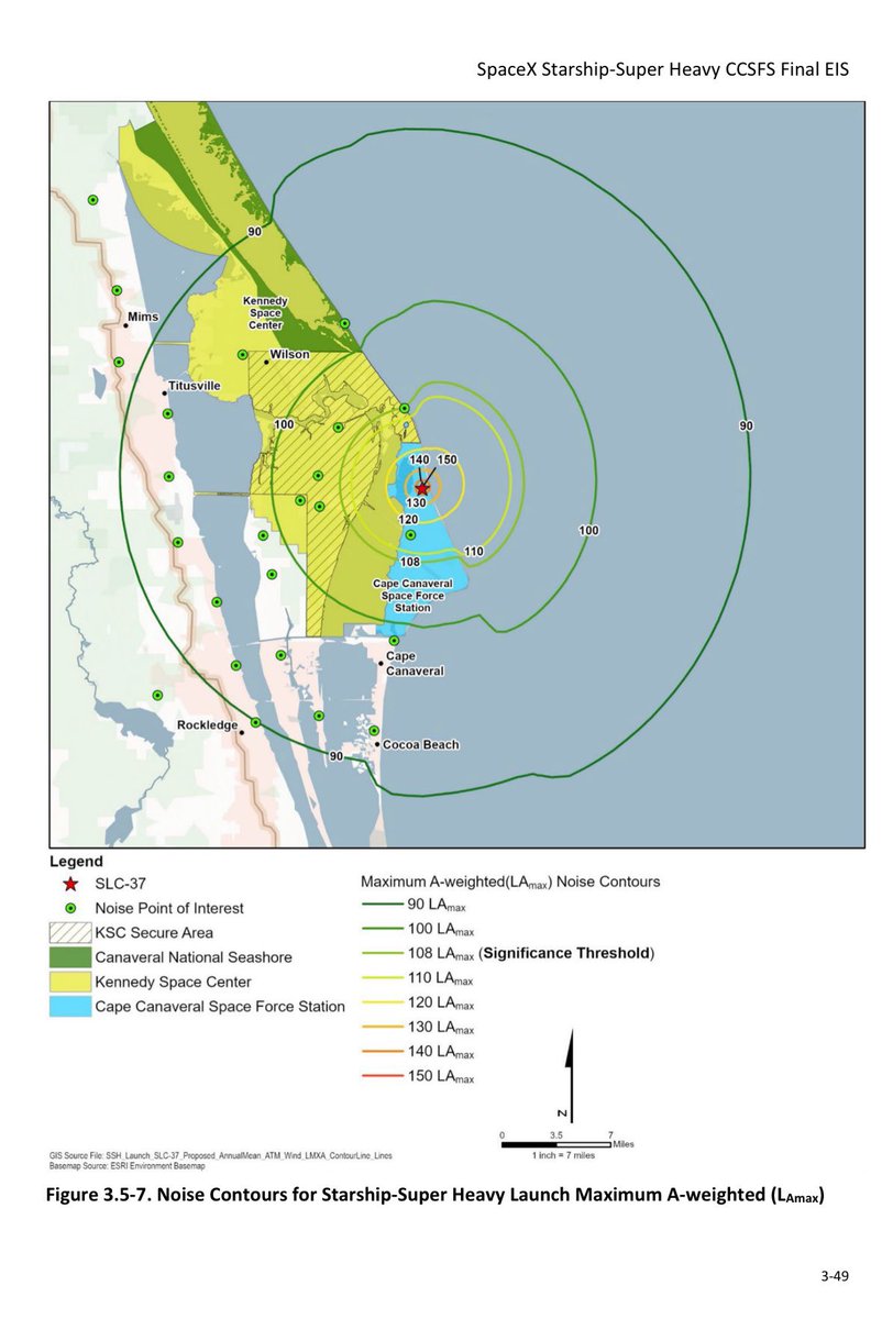 DerekdotSpace's tweet photo. Yikes. Lmax of 100+db across the entirety of CCSFS and KSC and a 10PSF sonic boom over the entire CCSFS industrial area for Starship.

The overpressure risk is directly over vehicle/satellite storage and operation areas for multiple LSPs. https://t.co/u7xZ2x9EIn