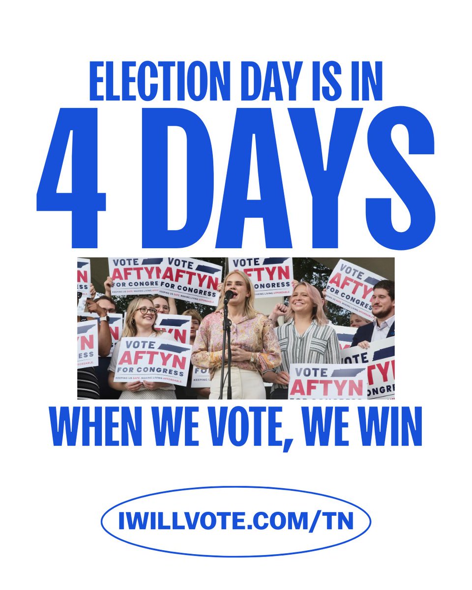 ⏰The clock is ticking until we elect Aftyn Behn as the next Representative for TN07! Election Day is Tuesday, December 2, and we need all hands on deck. 

Join us tomorrow, Nov. 29 for the TN07 Day of Action to Get Out The Vote! Sign up at davidsondemocrats.org/action