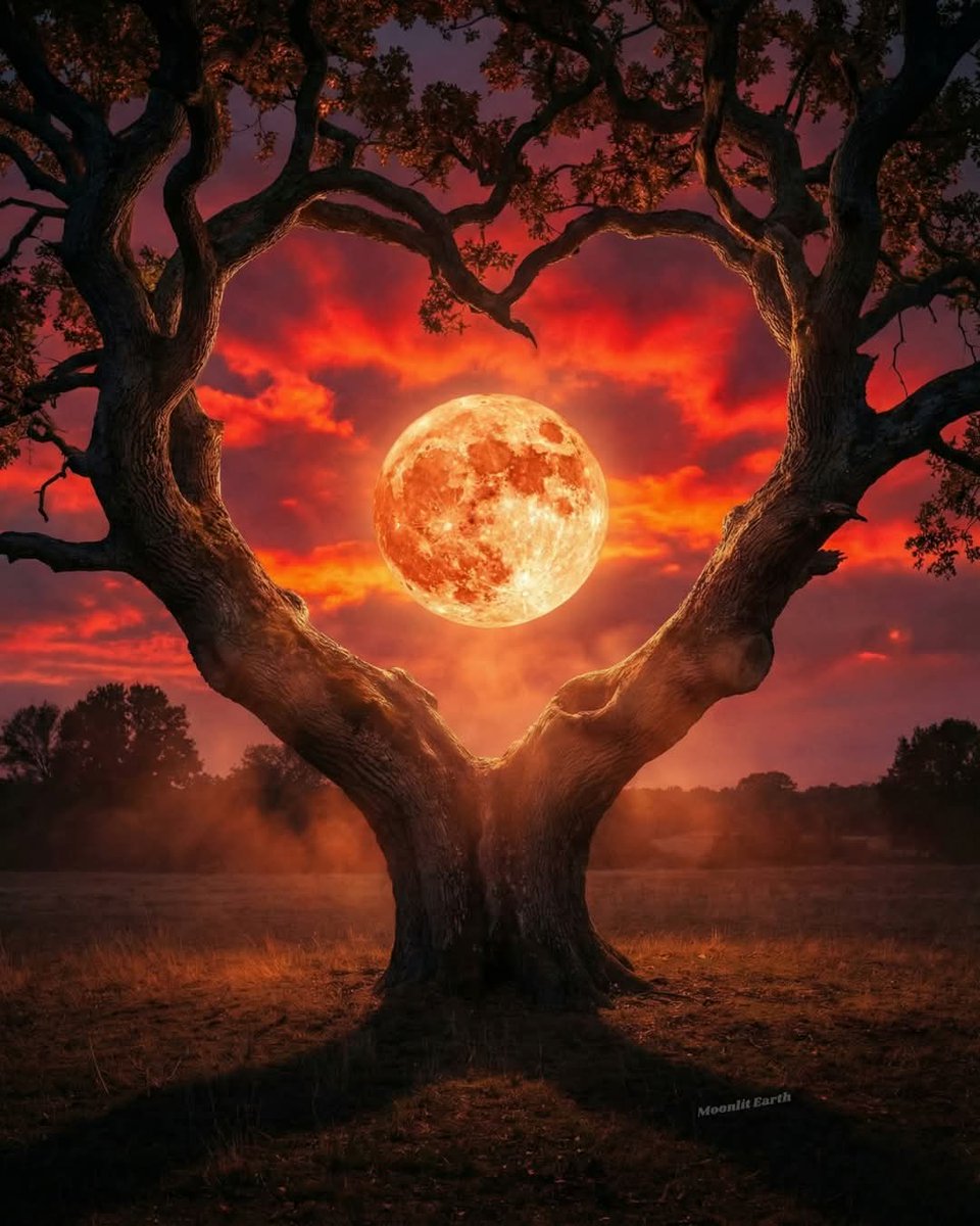 InterestingSci1's tweet image. Good Morning 
Have a great day 💘
A Heart Shaped by Moonfire

The night glows with a fire no horizon can contain. The moon rises like a burning ember caught in the branches, shaping the sky into a heart forged in red cloud-light. The old tree curves around it naturally, as if it…