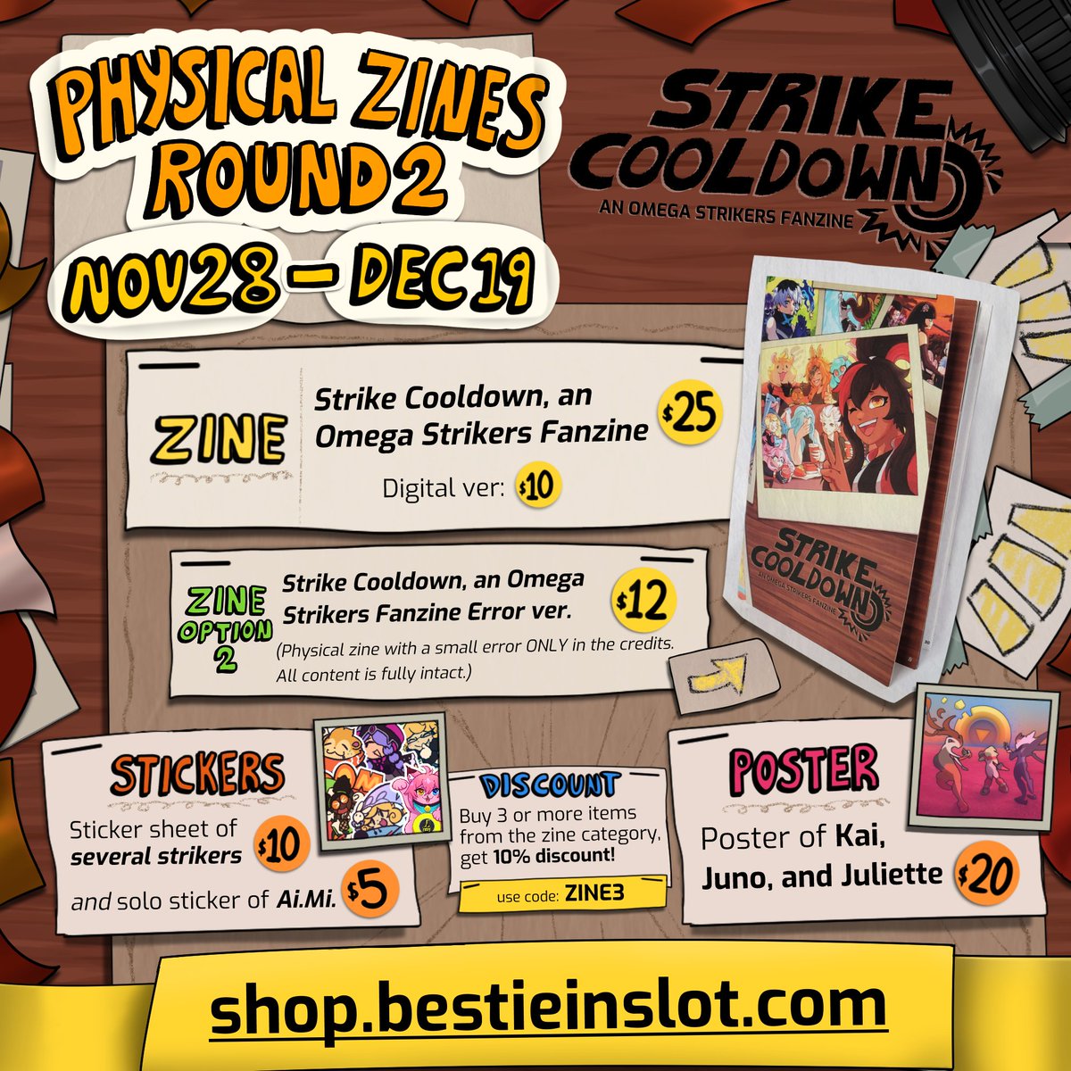 StrikeCooldown's tweet image. PHYSICAL ZINES ROUND 2 ARE ON SALE NOW!

Snag yours now before the Holidays! ☃️

shop.bestieinslot.com/pages/strikecd
