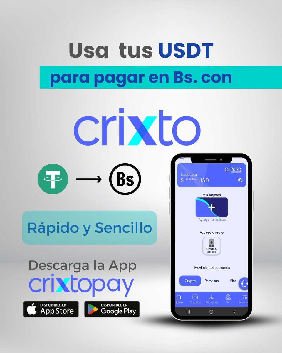 Usa tus USDT para pagar en Bs. con CRIXTO.
Descarga la App Crixto Pay y sácale provecho a tus criptomonedas con Pago Móvil CRIXTO.