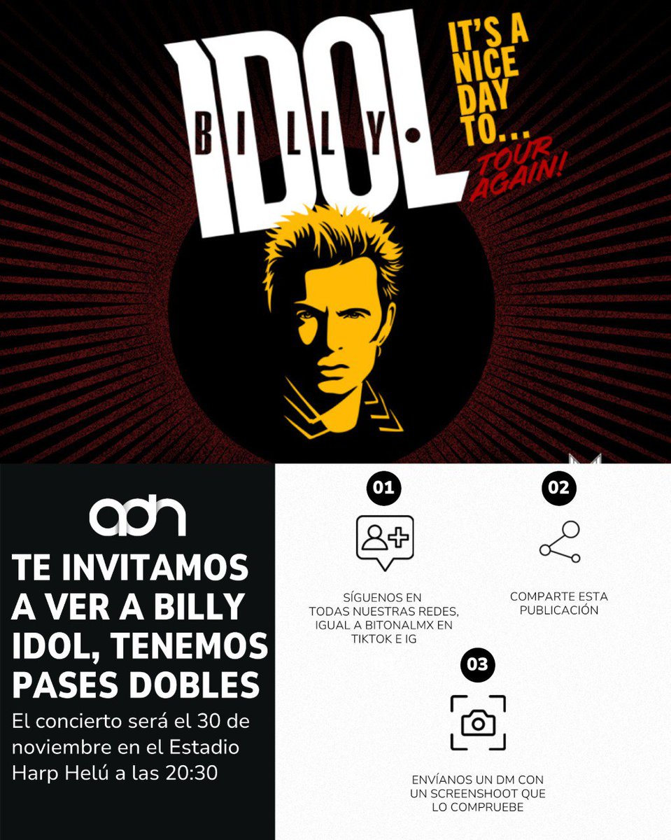 🎤 ¿Fan de Billy Idol? No te pierdas su concierto este fin de semana. En adn Noticias te regalamos boletos

Sigue todas nuestras redes y a @bitonalmx en TikTok e IG, comparte el post y manda tus capturas para participar