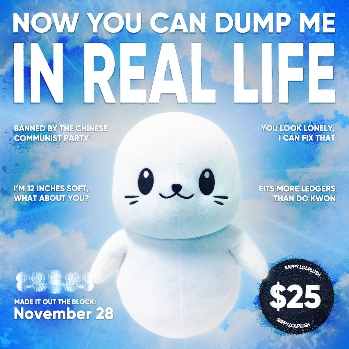 sappyseals's tweet image. The First Edition Sappy plush is now available.

$25 each, limited run, ships in time for Christmas.  

sappy.lol/plush