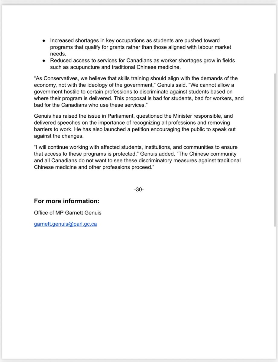 GarnettGenuis's tweet image. This is the news release we sent out after this morning&apos;s announcement. 

&quot;Liberal Budget Penalizes Acupuncture and Traditional Chinese Medicine Students&quot;.