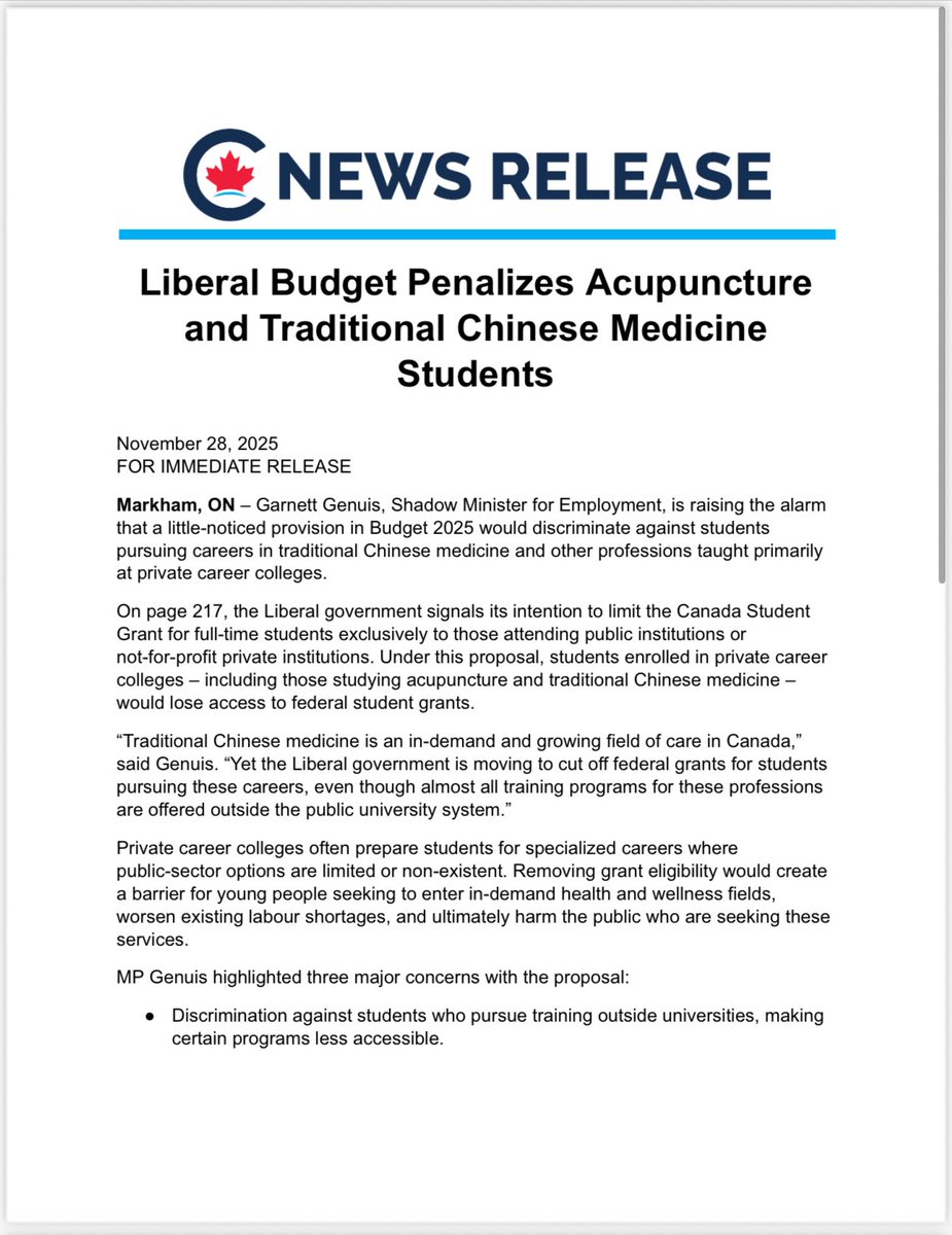 GarnettGenuis's tweet image. This is the news release we sent out after this morning&apos;s announcement. 

&quot;Liberal Budget Penalizes Acupuncture and Traditional Chinese Medicine Students&quot;.