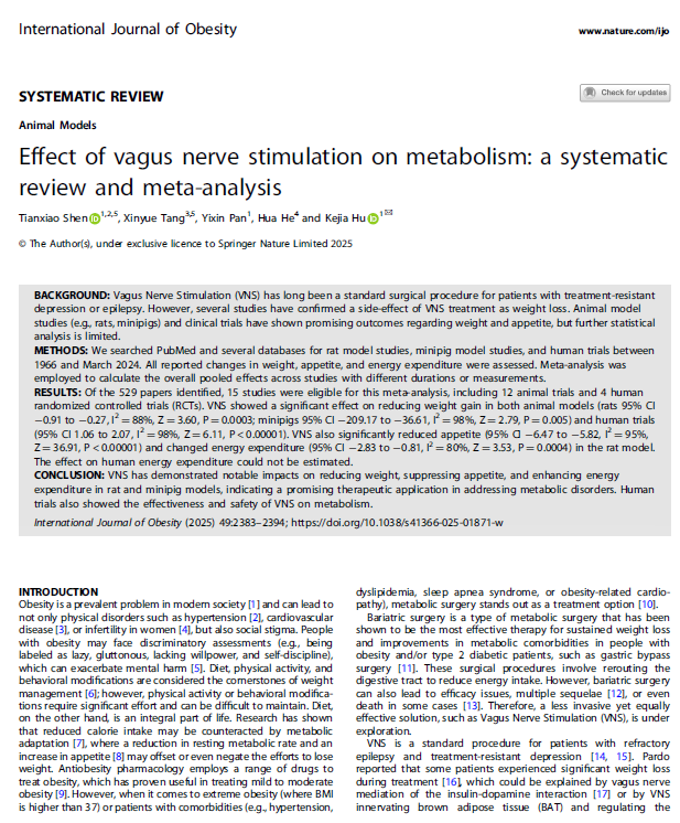 scottisaacsmd's tweet image. Effect of vagus nerve stimulation on metabolism. #VNS has demonstrated effects on reducing weight, suppressing appetite, and enhancing energy expenditure.
nature.com/articles/s4136…