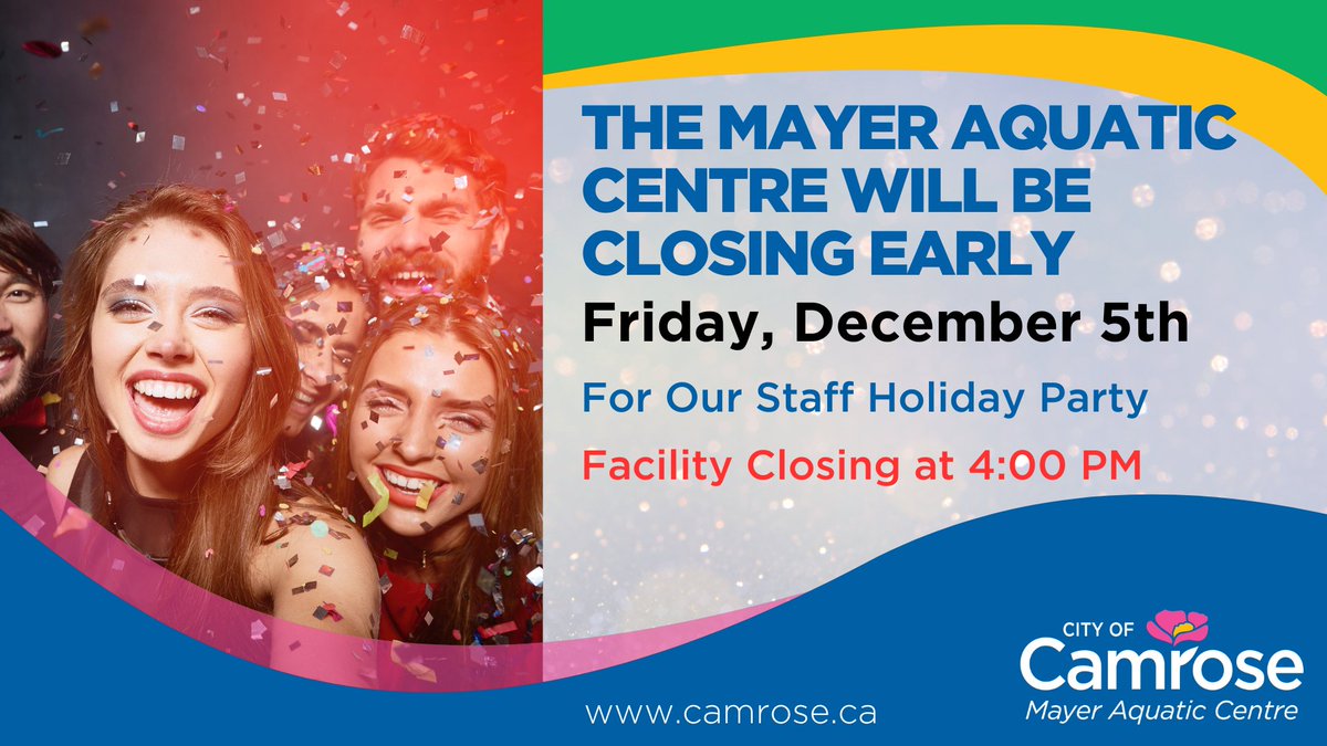 The Mayer Aquatic Centre will be closing early on Fri, Dec 5 for our annual staff holiday party.
Public swim will run from 1:00–4:00 pm, and the entire facility will close at 4:00 pm.
Thank you for your understanding as our team takes some time to celebrate the season together!