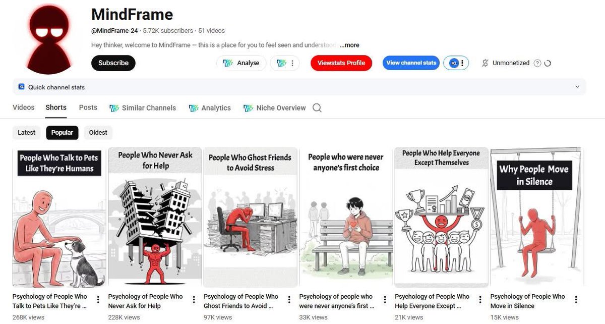 The Psychology Shorts niche is quietly dominating YouTube right now.

This channel pulls 150K–250K views per video with:
• simple line-art animations
• emotionally triggering topics
• ultra-relatable titles (“People Who Never Ask for Help…”)
• high retention 30–60 sec