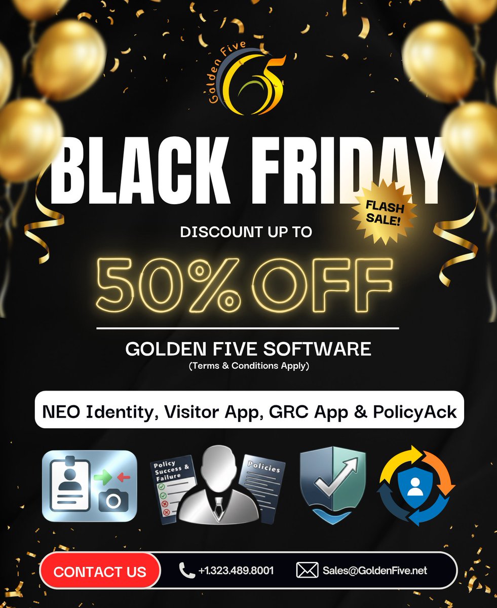 Go5Global's tweet image. Black Friday is LIVE! Take advantage of our BIGGEST OFFER of the year — up to 50% OFF on our Golden Five Software Suite.  This Flash Sale won’t last long!  
Contact us: +1 323 489 8001 | Sales@GoldenFive.net  
#BlackFriday #SoftwareSolutions #Compliance #FlashSale #G5Consulting