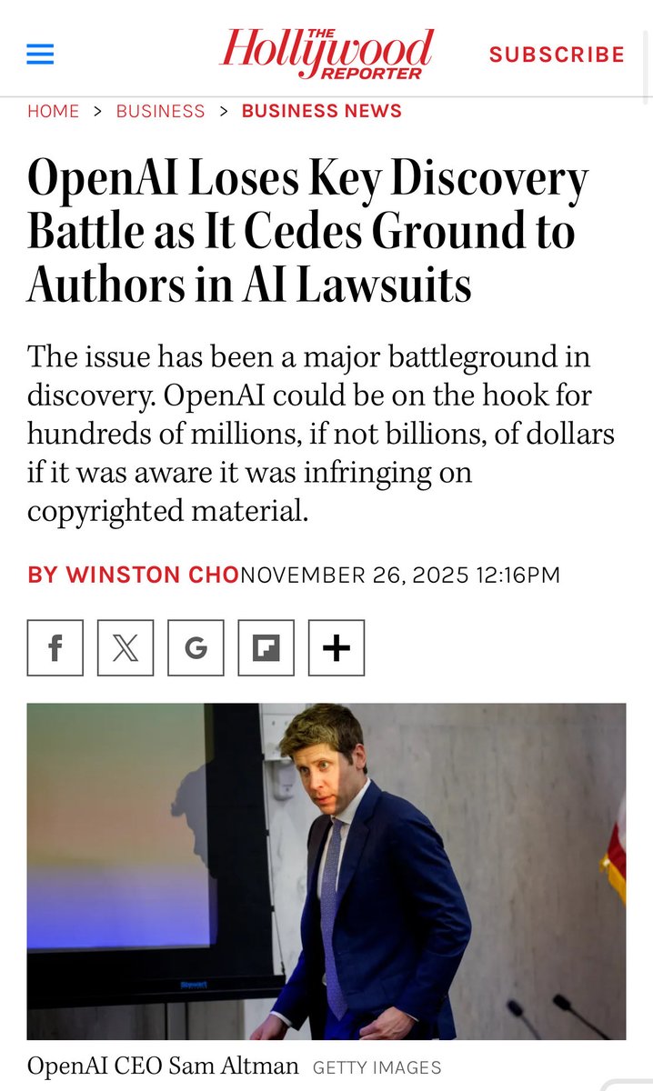 MrEwanMorrison's tweet image. Karma:

OpenAI Loses Key Discovery Battle as It Cedes Ground to Authors in AI Lawsuits

&quot;OpenAI could be on the hook for hundreds of millions, if not billions, of dollars if it was aware it was infringing on copyrighted material.&quot;

Of course they were aware!
