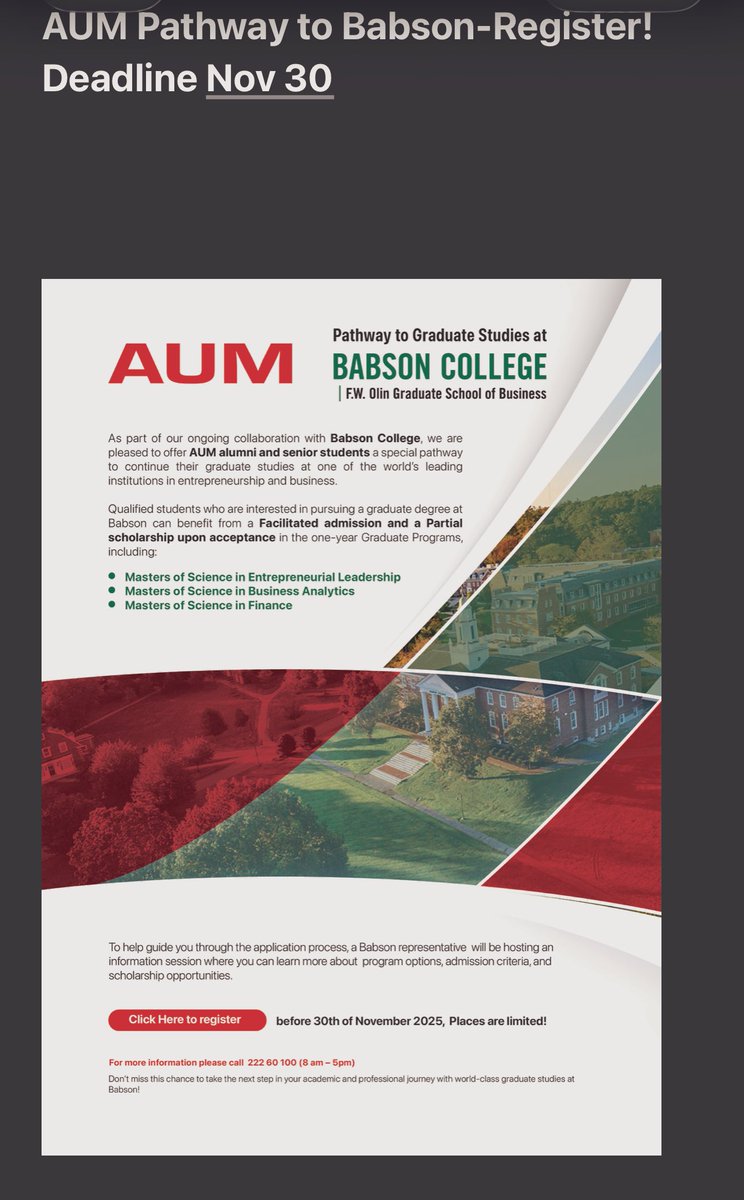 خريجين AUM + السينيور 👩🏻‍🎓👨🏻‍🎓
تقدرون تقدمون على بعثة ماجستير بجامعة Babson بأمريكا ، مدفوعة التكاليف
.
.
فرصة .. جرب حظك وشوف
آخر يوم 30-11