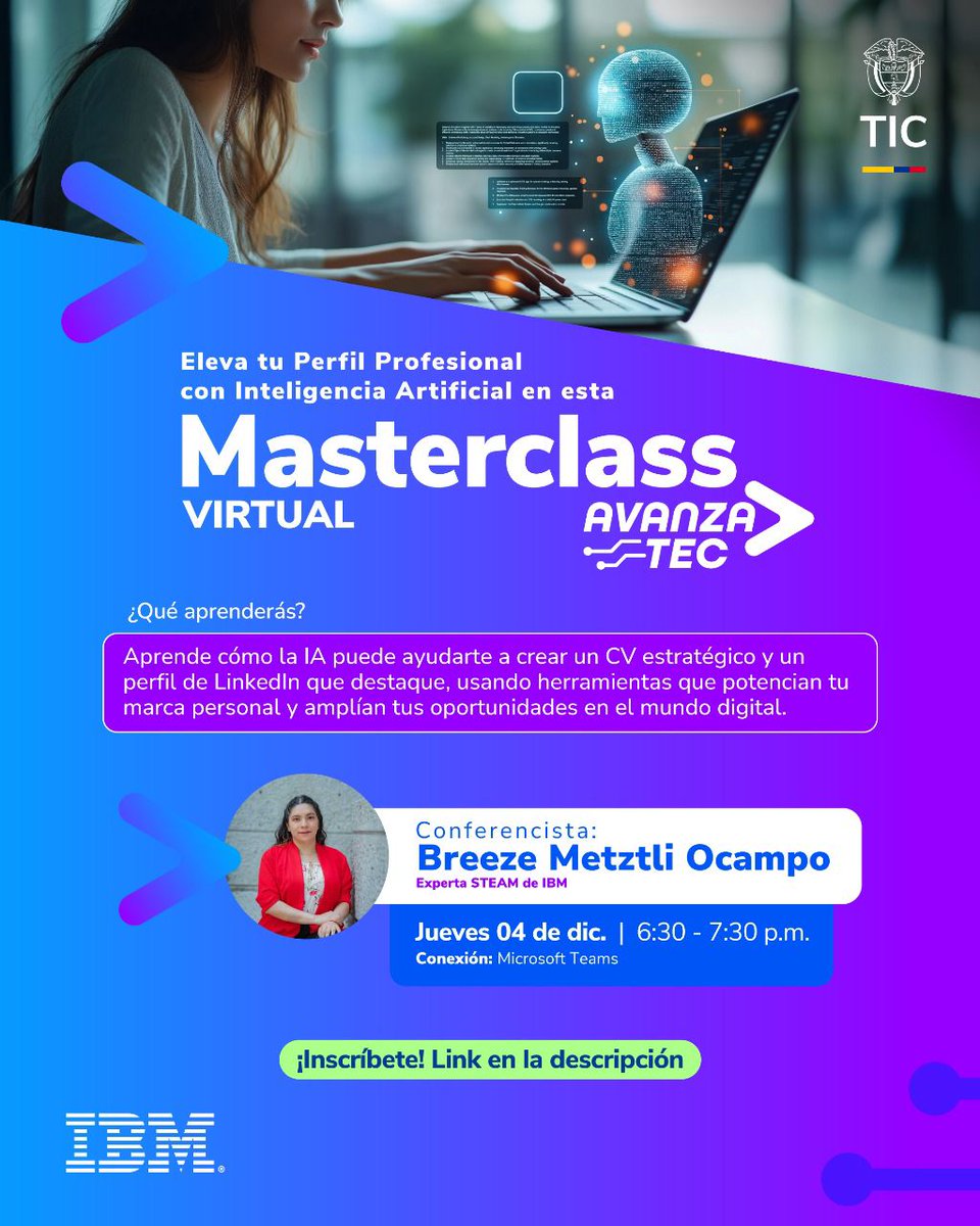 TalentoDigCol's tweet image. ✨¿Quieres que tu CV y tu perfil de LinkedIn reflejen todo tu potencial?

En esta masterclass descubrirás cómo usar la IA para crear un perfil profesional que brille, conecte con oportunidades y hable por ti.

📅 04 de dic. • 6:30 p. m.
🔗 Inscríbete: avanzatec.gov.co/720/w3-article…