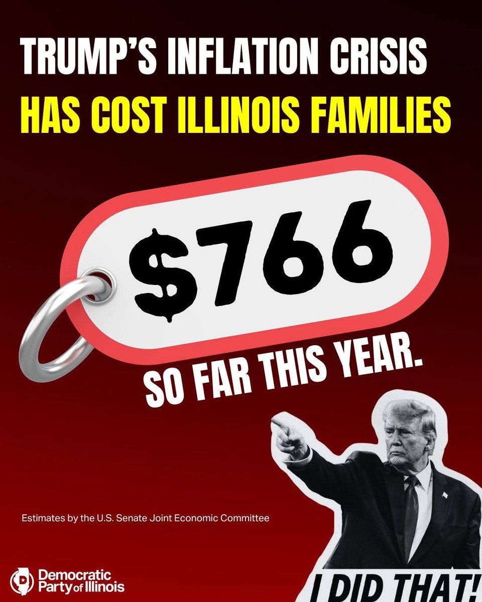 SecondDems's tweet photo. Illinois families have lost $766 so far this year due to Trump’s inflation, according to the U.S. Senate Joint Economic. 

Meanwhile, Republicans do nothing to lower costs. 

Illinois Democrats are fighting for working families. https://t.co/kq4BNUhHzk