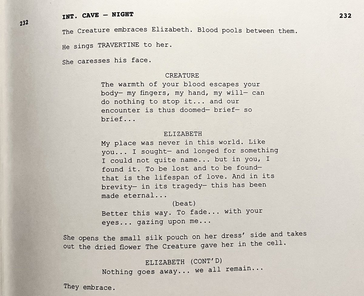 starktreks's tweet image. elizabeth saying “nothing goes away, we all remain..” to the creature as she passes away, for him to then repeat that sentiment for his very last line of the film… i am completely heartbroken