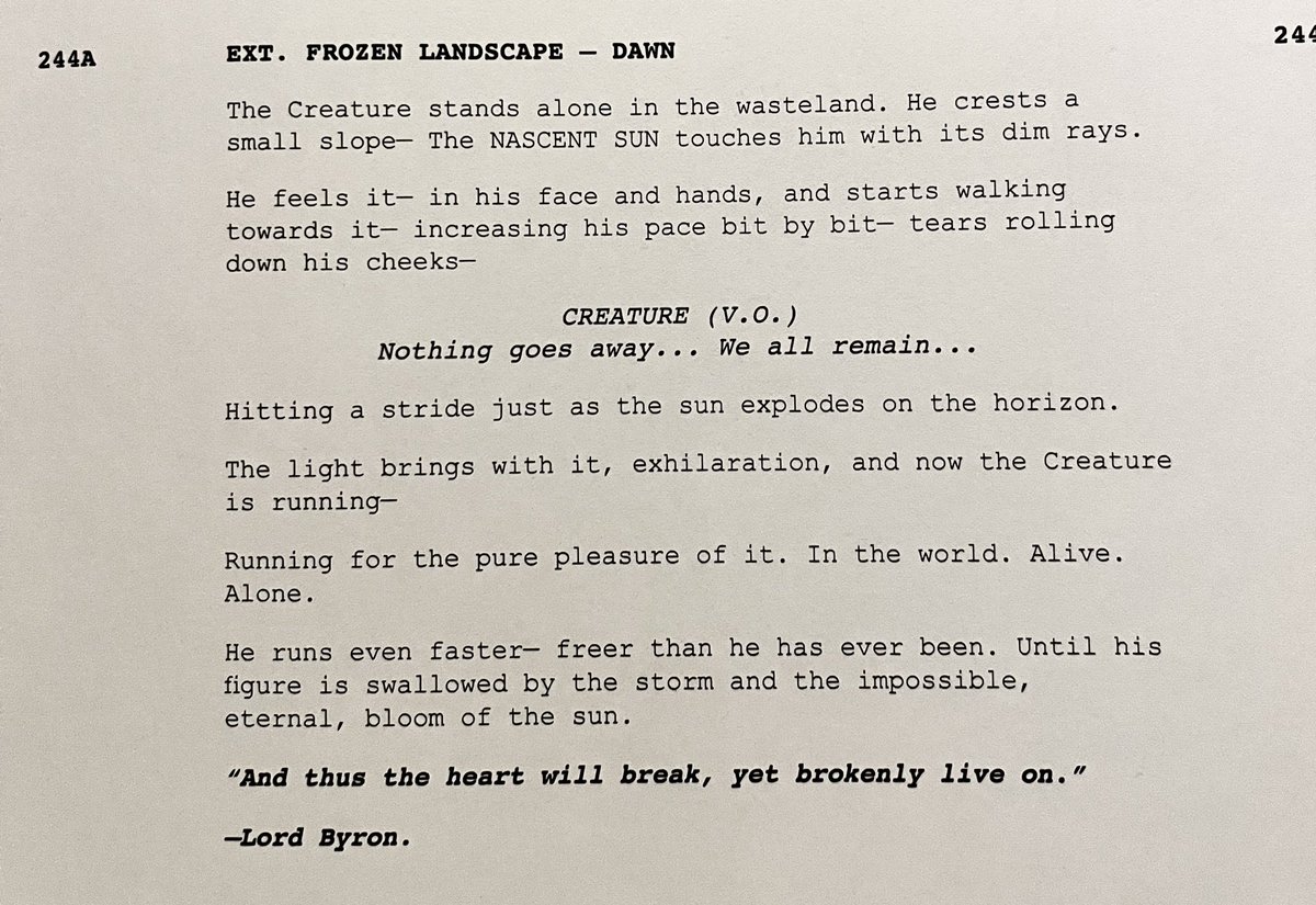 starktreks's tweet image. elizabeth saying “nothing goes away, we all remain..” to the creature as she passes away, for him to then repeat that sentiment for his very last line of the film… i am completely heartbroken