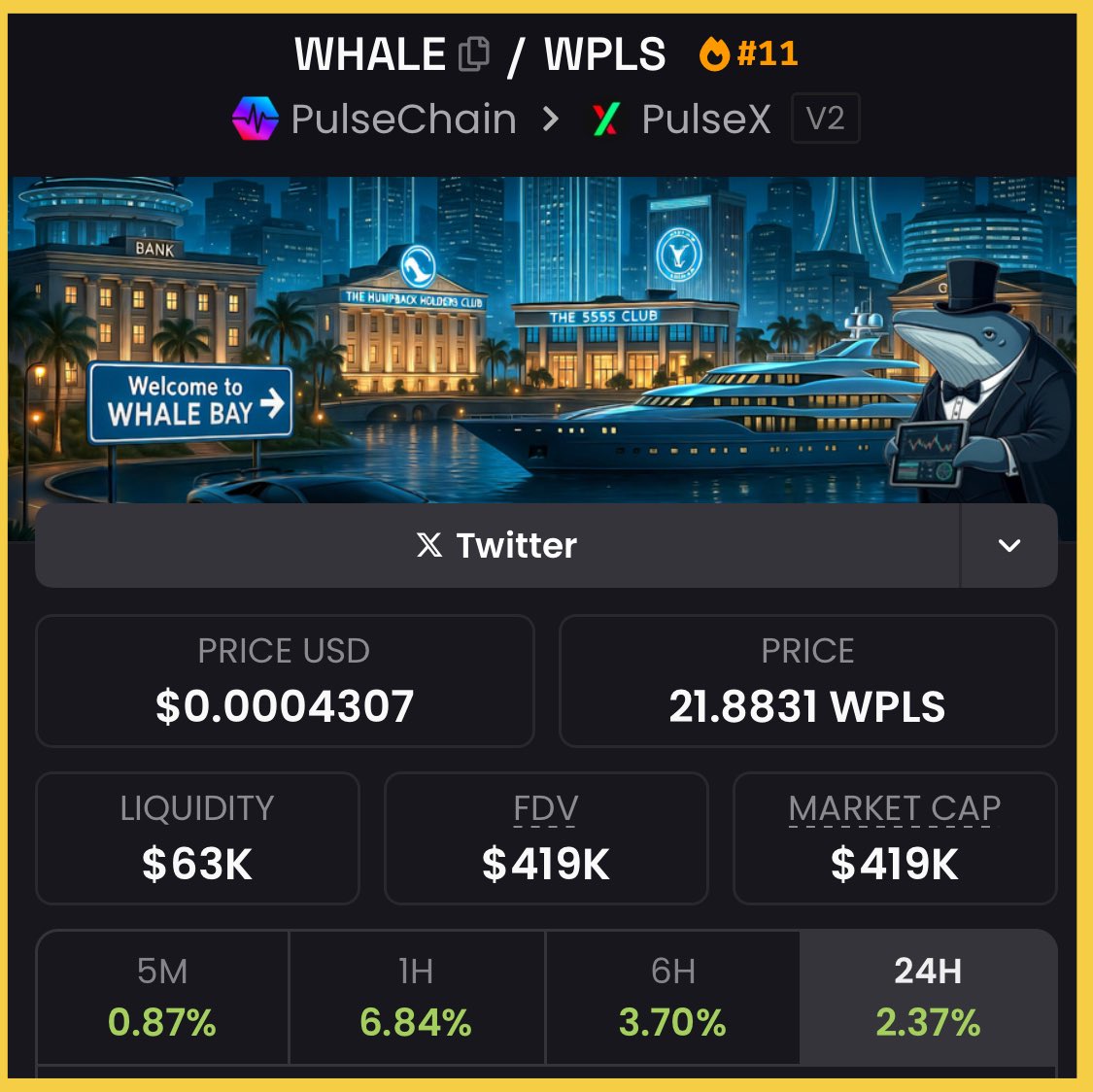 MentalGame55's tweet image. 💚 AIRDROP 🎁 #PulseChain 💸

It is so boring out there lately that a cool idea just poop in my head. 

I believe $WHALE from my friendly Whale Bay ecosystem @Humpback_Holder gonna hit 1M. ( and more ) 

Write in the comment the exact date ( time )  when u think this gonna…