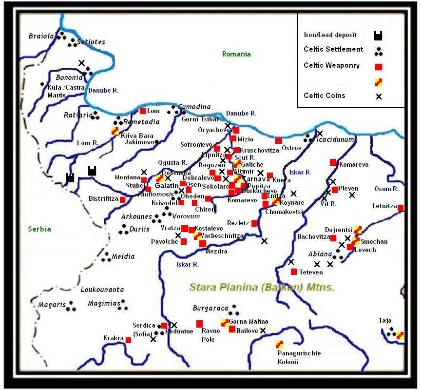 Map of Celtic settlements and finds in Northwest Bulgaria.