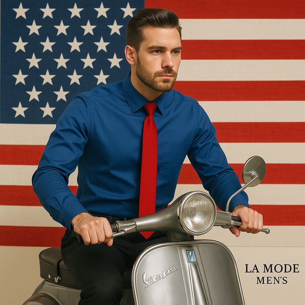 LaModeMens1's tweet image. Patriotic elegance in motion. 🇺🇸
Royal blue shirt, red tie, chrome Vespa—La Mode Men’s signature style.
#LaModeMens #MensFashion #AmericanStyle #VespaLife