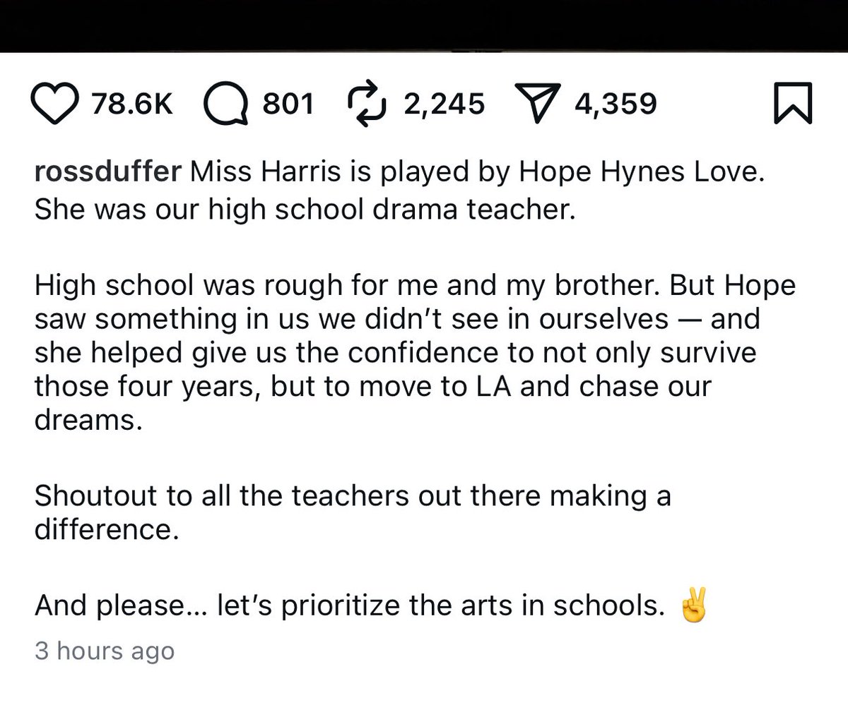 DiscussingFilm's tweet image. Ross Duffer says the woman who played Miss Harris in ‘STRANGER THINGS’ Season 5 was The Duffers’ high school drama teacher.

“High school was rough for me and my brother. But Hope saw something in us we didn’t see in ourselves… let’s prioritize the arts in schools”