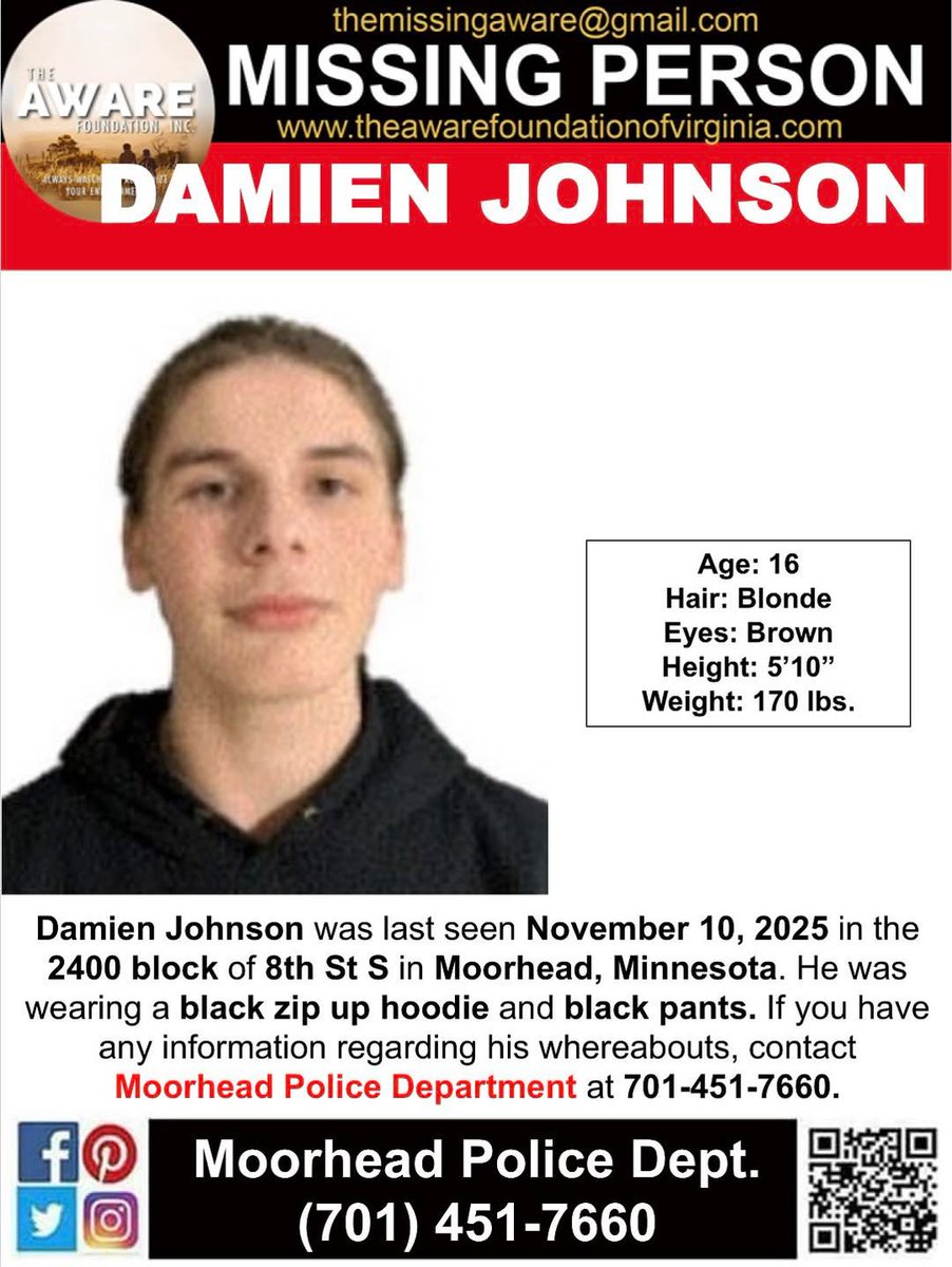 aware_the's tweet image. ***MISSING JUVENILE*** MOORHEAD, MINNESOTA
Damien Johnson was last seen November 10, 2025 in the 2400 block of 8th St S in Moorhead, Minnesota. He was wearing a black zip up hoodie and black pants. If you have any information regarding his whereabouts, contact Moorhead Police…