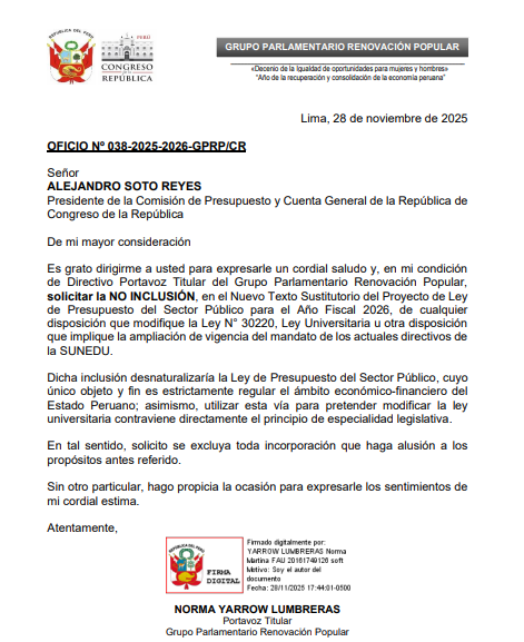 La bancada de Renovación Popular solicitó a Alejandro Soto, presidente de la Comisión de Presupuesto, que se retire del proyecto de la ley de presupuesto para el 2026 cualquier disposición que apunte a ampliar la vigencia del mandato de los actuales directivos de la SUNEDU.