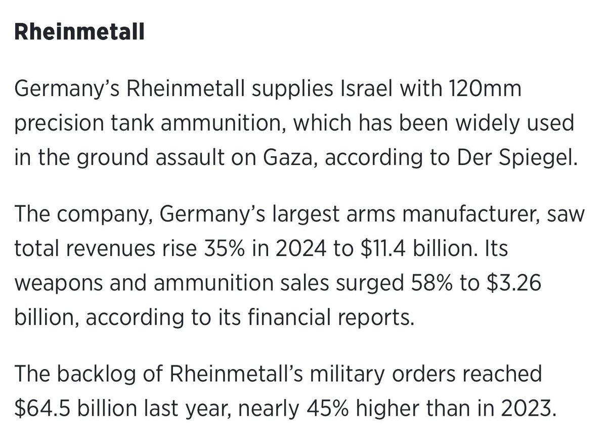 leylahamed's tweet image. Rheinmetall (the German arms manufacturer) continues to this day to sponsor Borussia Dortmund, despite fan protests when the deal was first announced.
This is the same company supplying 120mm tank ammunition used in Gaza, posting record profits from a genocide it helps fuel.