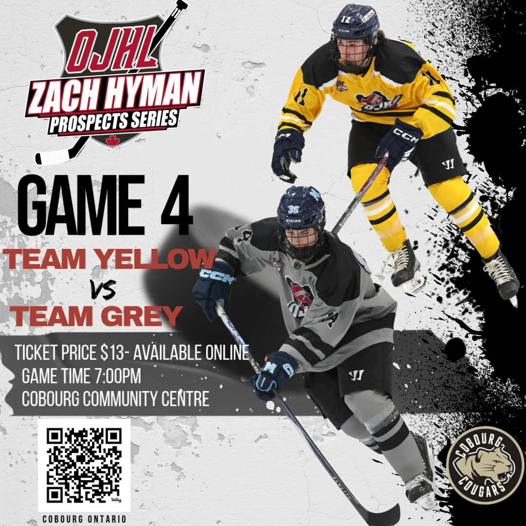 🎉 Game 4 is here!
The OJHL 2025 Zach Hyman Prospect Series continues Tuesday, December 2nd at 7:00pm at the Cobourg Community Centre!

It’s an Eastern Conference showdown as Team Grey takes on Team Yellow. 🏒⚔️

Don’t miss the next wave of junior hockey talent! #OJHL