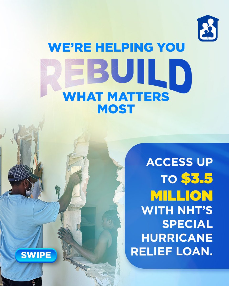 TheNHT's tweet photo. We’re helping you rebuild what matters most. 💙

Get up to $3.5M at 2% interest with the NHT’s Special Hurricane Relief Loan.
If you were affected by Hurricane Melissa, this support is for you; visit https://t.co/ZiXwISDht8 to get started!

#RebuildingTogether #NHTJamaica https://t.co/QNqijOiPCn