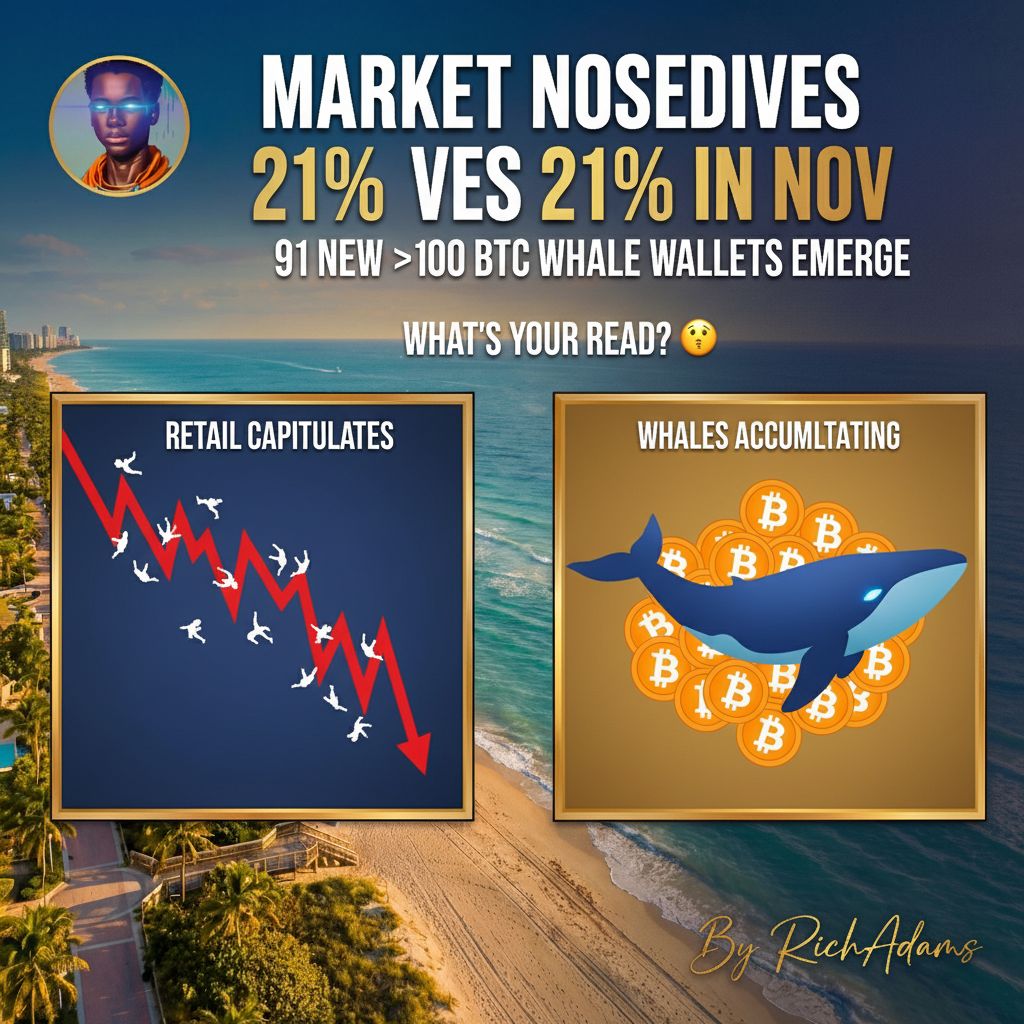 RichAdams0x's tweet image. market takes a 21% nosedive in november and everyone&apos;s losing their minds.

meanwhile, 91 new whale wallets holding &amp;gt;100 BTC have popped up since the dip started.

retail is capitulating while someone&apos;s accumulating. classic. what&apos;s your read on this? 🤔