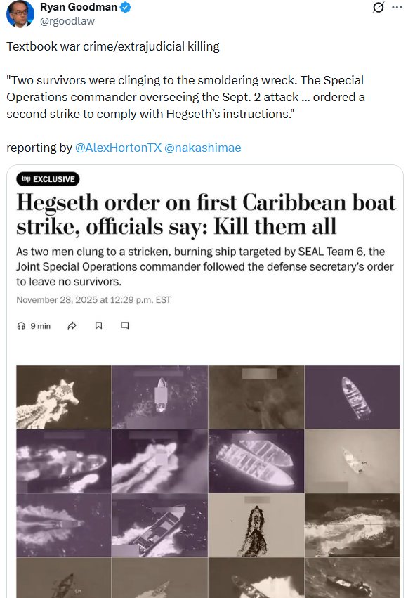 Beware the latest coordinated “war crimes in the Caribbean” narrative.

You can always spot a media hit,
– Same talking points
– Same language
– Same timing
– Same lies.

They got absolutely bodied this week: first by aiding the narrative that our military is dangerous, then