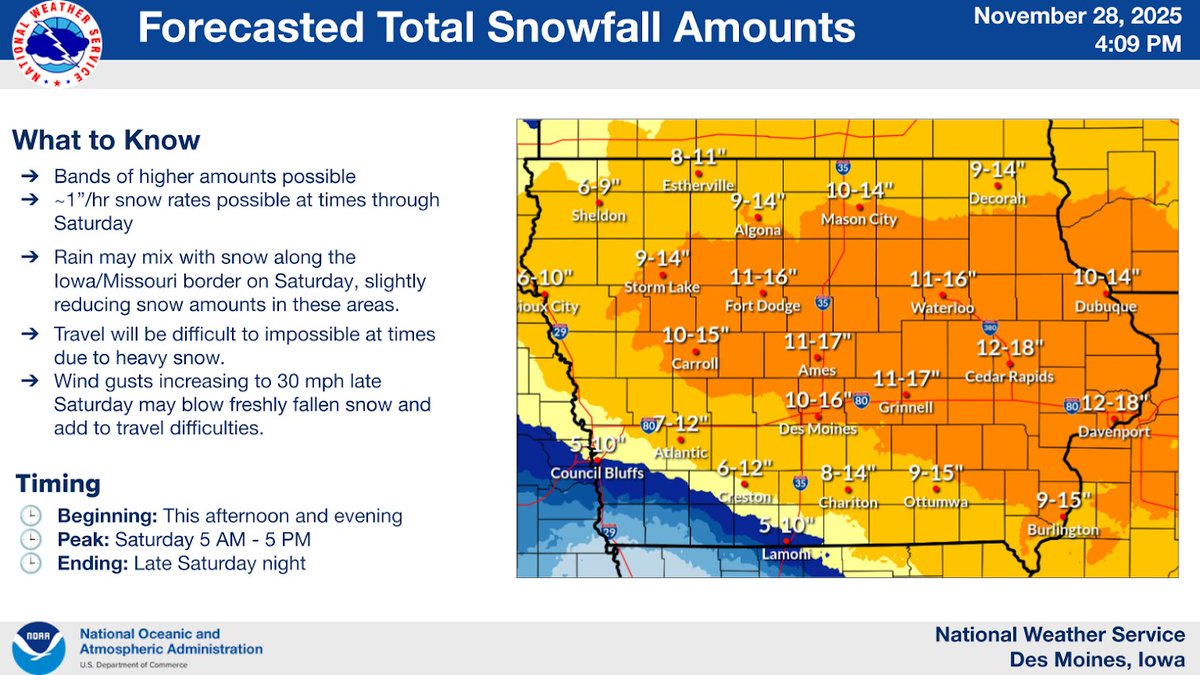 Heavy snow expected through Sat night. Winds will increase Sat eve with gusts as high as 30 mph into Sunday leading to blowing and drifting snow. Travel will be difficult to impossible much of this weekend. Follow the latest forecast and consider altering your travel plans. #iawx