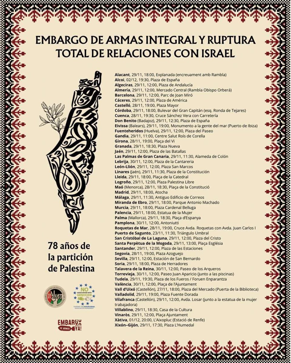 🕟 Por #Palestina <a href="/PenComplutenses/">Pensionistas Complutenses</a> hacemos quedada sábado 29N, 16:30 en RENFE Centro para ir juntas a la mani contra el #GenocidioEnGaza
Exigimos a nuestro gobierno "progresista" ruptura total de armas y relaciones con el genocida y sionista #Israel
#FinGenocidio
#PalestinaLibre