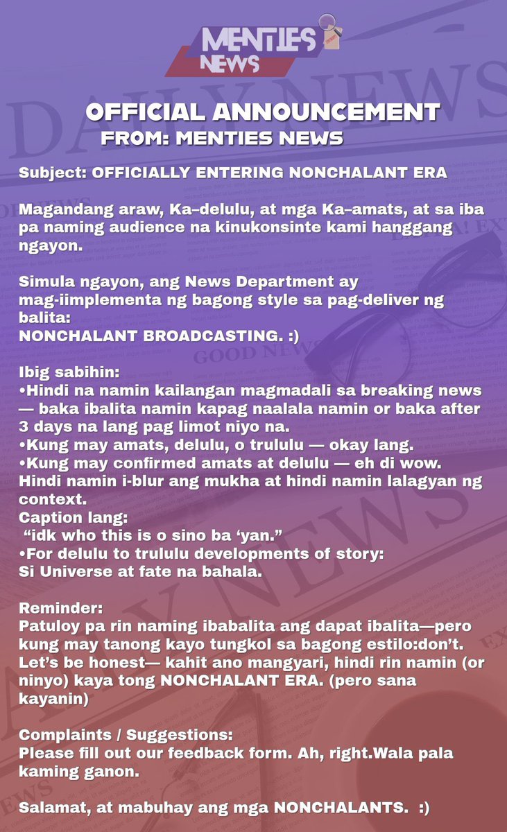mentiesnews's tweet image. Menties News Final Statement: 

Kung kaya nyo, kaya namin.
Kung hindi nyo kaya ay wala na kaming magagawa doon.(kakayanin natin ‘to.)

#NonchalantEraStartsToday
#MentiesNewsNewBranding
#SanaKayanin
#MentiesNews